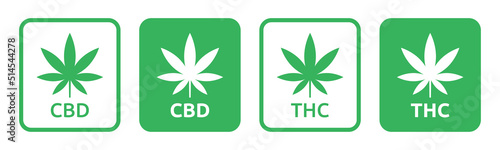 CBD cannabidiol symbol with cannabis leaf icon vector illustration. THC marijuana medical weed label.
