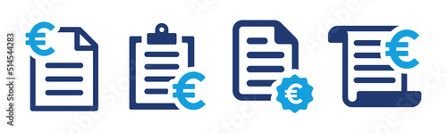 Invoice document icon vector set with euro sign illustration. Business receipt and billing symbol. photo