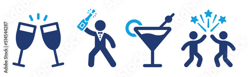 Party icon vector set. Celebration with champagne and cocktail symbol illustration.