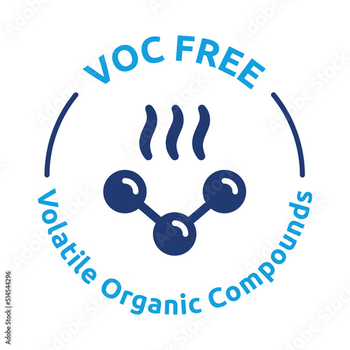 VOC free icon vector label. Volatile organic compounds with chemical molecule and smoke symbol.