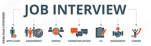Job interview banner web icon vector illustration concept with icon of applicant, assessment, hiring, communication, cv, agreement and career