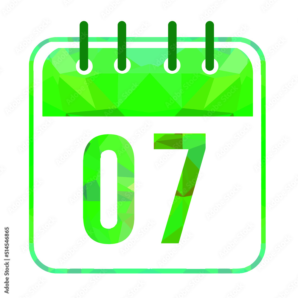 Calendar day 07. Number seven on a white paper with modern green border