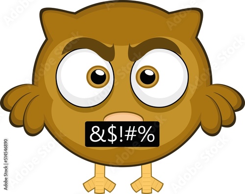 Vector illustration of a cartoon owl with an expression of anger and a censorship of insult