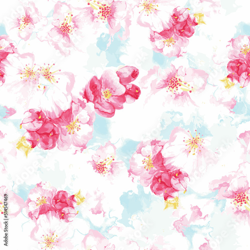 Watercolor cherry blossom repeat seamless pattern