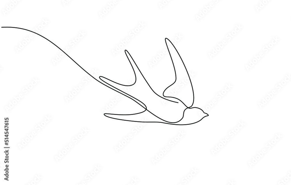 Continuous one line drawing of a swallow flying. Bird in flight isolated on a transparent background. line art in one continuous line a bird in flight. a swallow flies in doodle style. - obrazy, fototapety, plakaty 