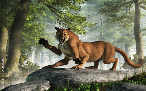 The Wampus Cat is a cryptid of American folklore and Cherokee myth and legend. This big cat-like creature's description varies wildly. Here it is shown as a six legged cougar. 3D rendering. photo