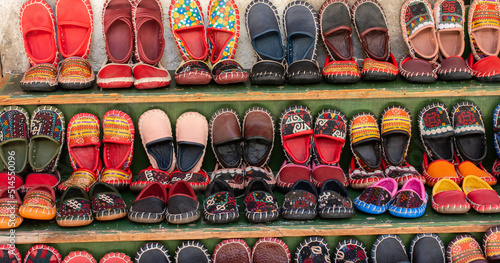 Set of traditional hand made leather shoes in bazaar