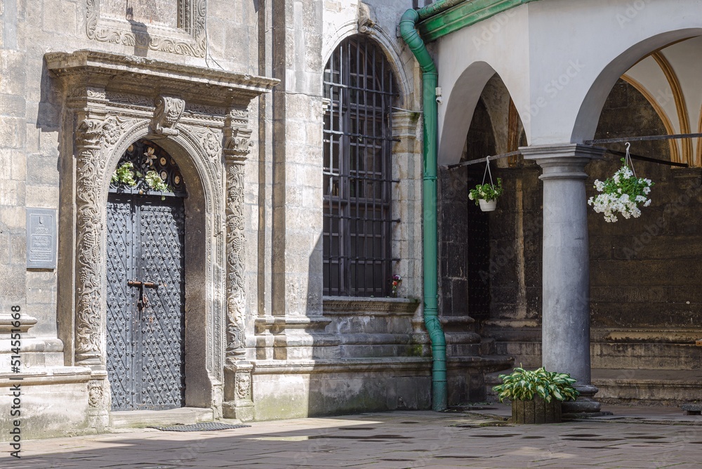 Lviv, Ukraine - June, 2022: VUL. RUSKA, 07 – CHAPEL OF THREE PRELATES (Dormition church). The entrance portal.
