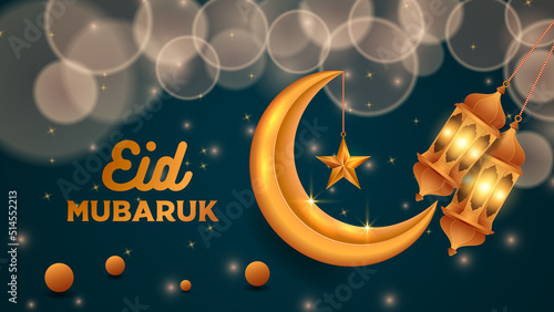 Eid Mubarak Arabic elegant luxury c of Islamic festival design with crescent moon and Islamic decorations.