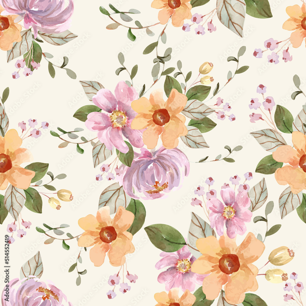 Pink and Soft Yellow Floral Seamless Pattern