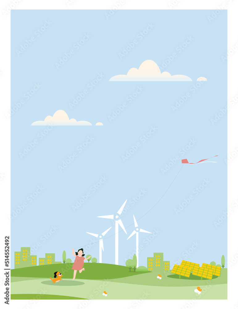 Naklejka premium Vector illustration of eco friendly concept.Flat banner Environmentally friendly.hand drawn cartoon people in a city.kid playing kite with dog.Clean nature concept.Renewable energy power.Think green