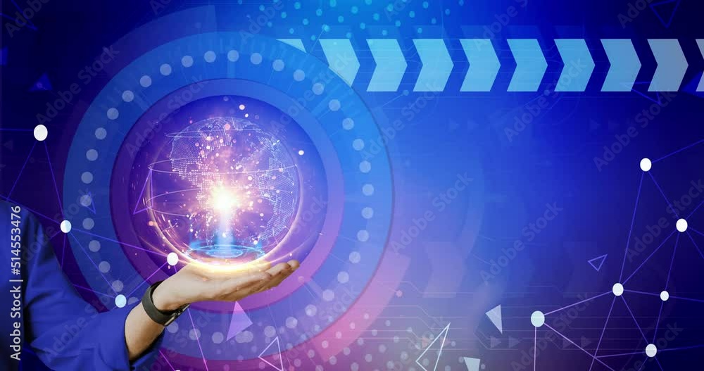 Technology in the hands of man. Technology background with hand holding ...