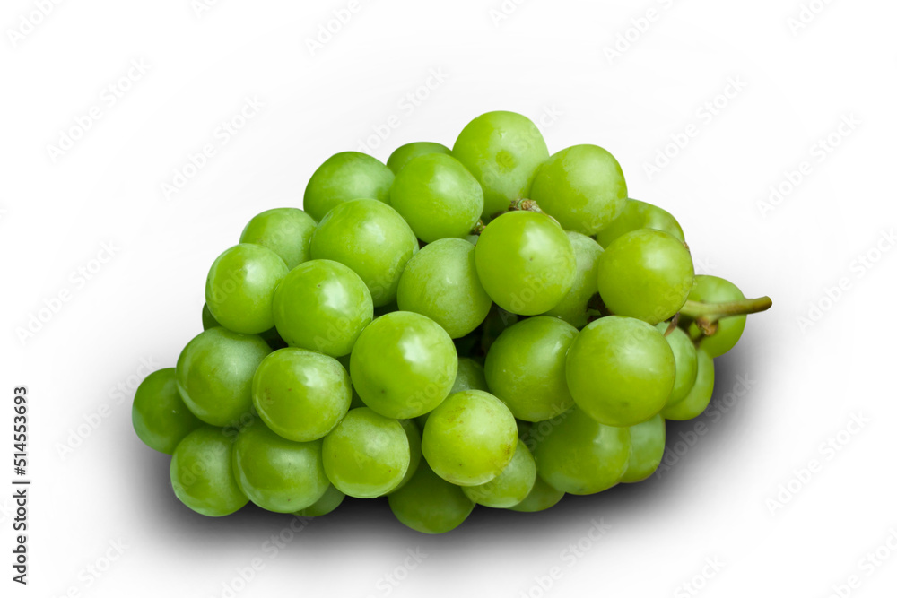 Bunch of green grapes lay on a white background with clipping paths. Bunch of green grapes lay on a white background with clipping paths.