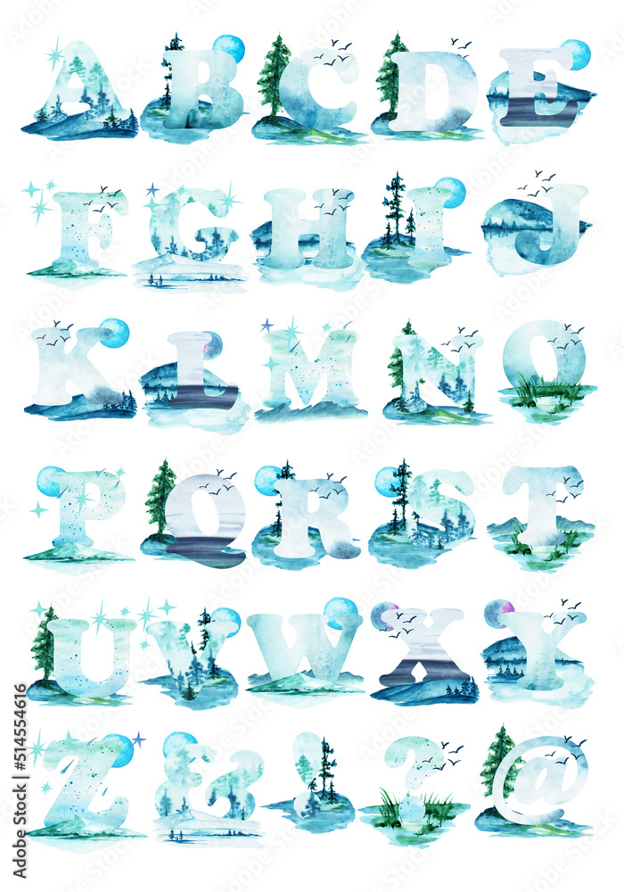Set of watercolor English letters on a turquoise background of nature, mountains, lake, forest, sky.Suitable for poster printing, for teaching children, for design works.