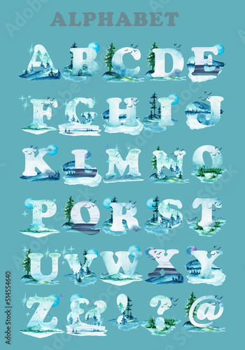 Set of watercolor English letters on a turquoise background of nature, mountains, lake, forest, sky.Suitable for poster printing, for teaching children, for design works.