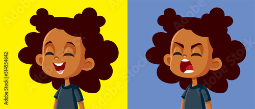 Little Girl Laughing and Screaming with Anger Vector Cartoon Character - Child having different emotions and facial expressions feeling happy or unhappy
