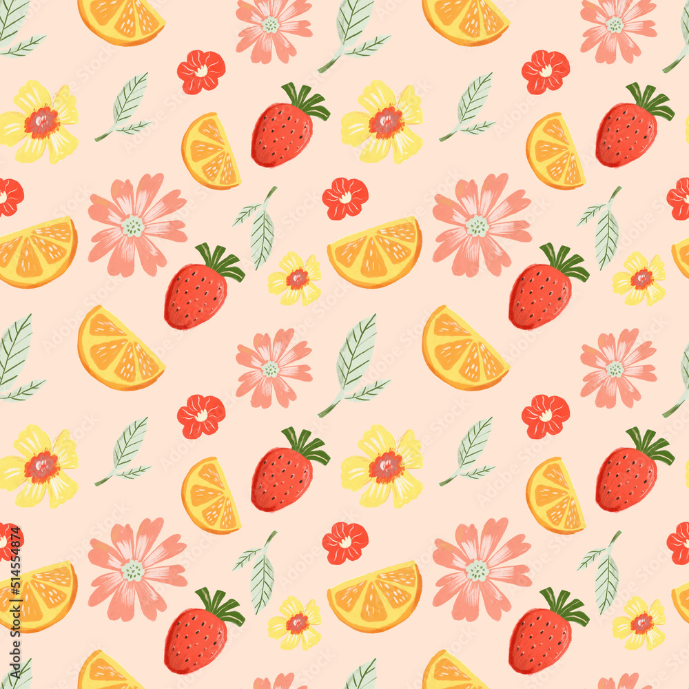Tropical Strawberry and Floral Seamless Pattern