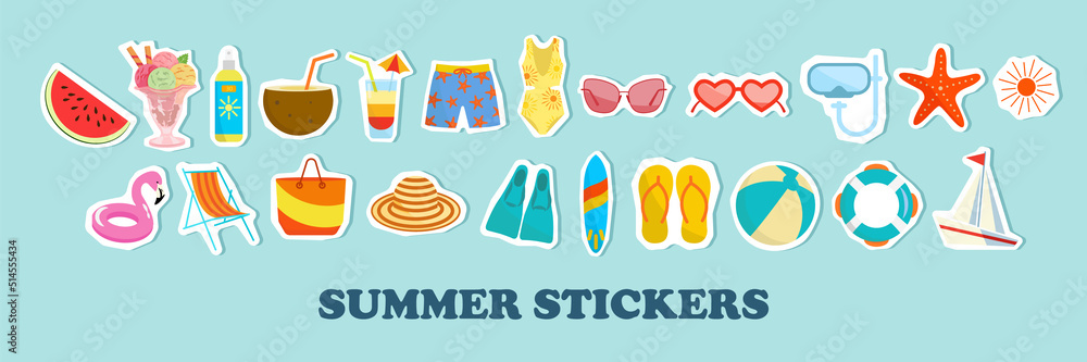 Summer vector icon set for sticker. Icons, signs and banners. Bright summertime poster. Collection elements for summer holiday and party. Vector illustration Summer vector icon set for sticker. Icons, signs and banners. Bright summertime poster. Collection elements for summer holiday and party. Vector illustration