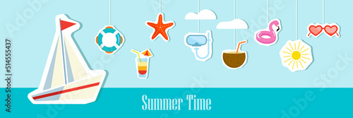 Summer vector icon set for sticker. Icons, signs and banners. Bright summertime poster. Collection elements for summer holiday and party. Vector illustration