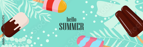 Summer holidays ice cream background with plant illustration. Poster with tropical plants, palm leaves, ice cream icon banner. Text space