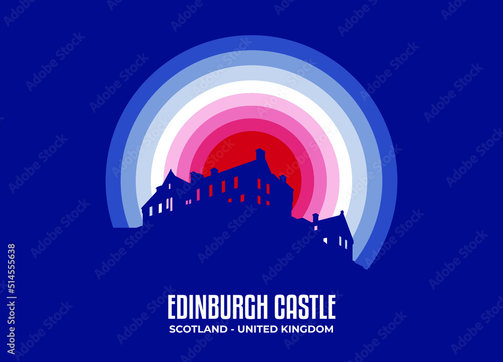 Edinburgh Castle illustration. Moonlight symbol of famous statue and building in United States. Color tone based on official country flag. Vector eps 10.