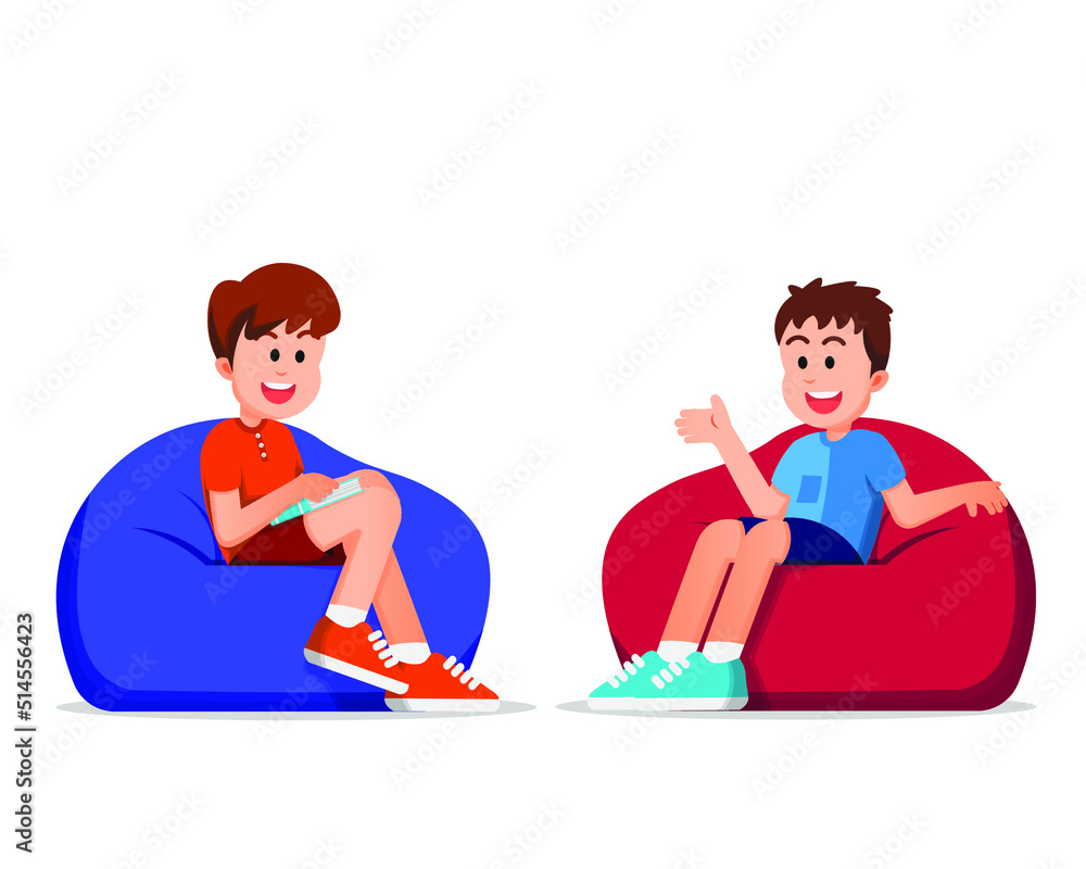 boys discussing together while sitting on beanbags boys discussing together while sitting on beanbags