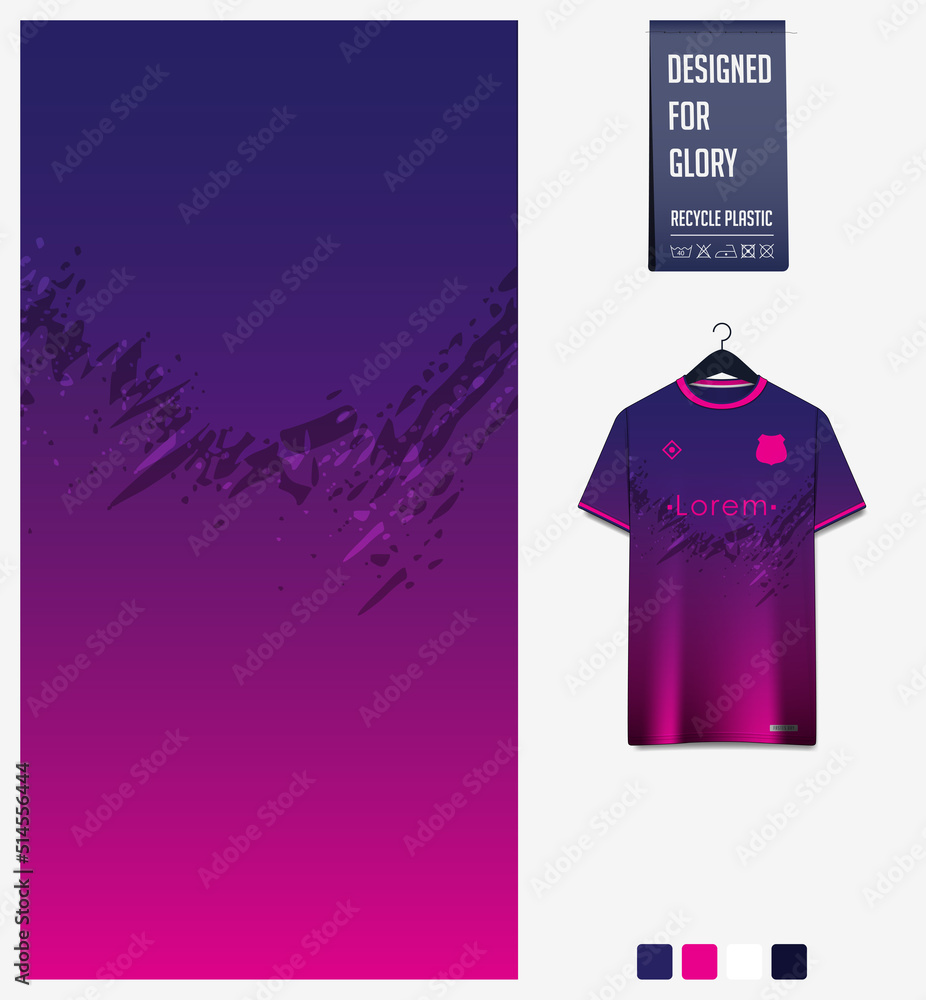 Fototapeta premium Soccer jersey pattern design. Grunge texture on violet background for soccer kit, football kit, sports uniform. T shirt mockup template. Fabric pattern. Abstract background.