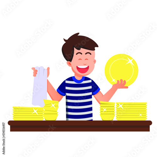 happy boy wipes all plates and bowls clean