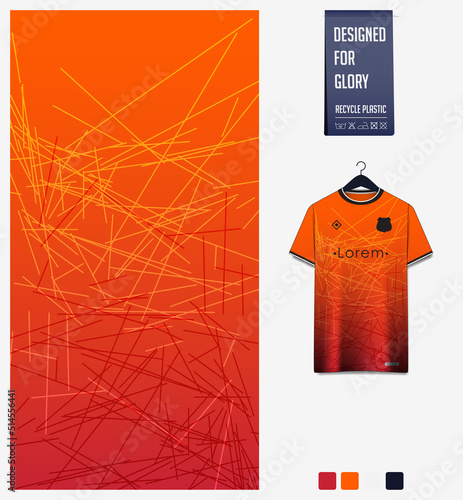 Soccer jersey pattern design. Random straight line pattern on orange background for soccer kit, football kit, sports uniform. T shirt mockup template. Fabric pattern. Abstract background. 