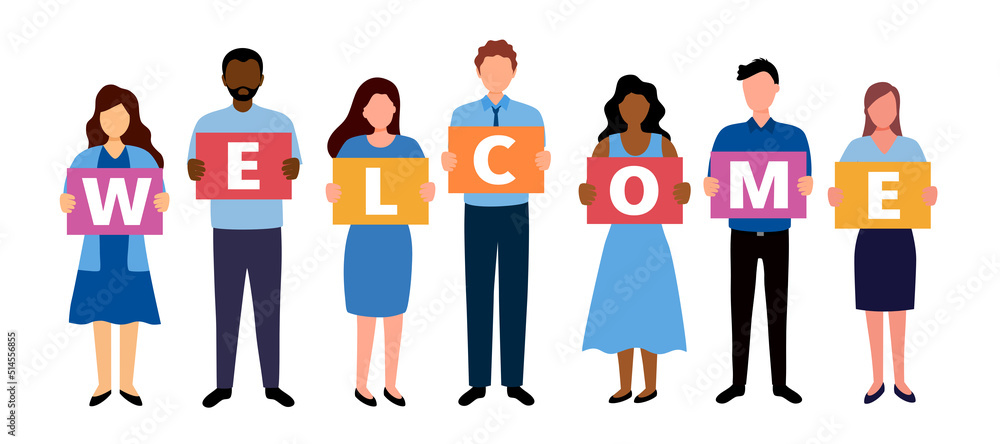 Group of people holding welcome sign with cheerful greetings in flat design. People welcoming concept. Group of people holding welcome sign with cheerful greetings in flat design. People welcoming concept.