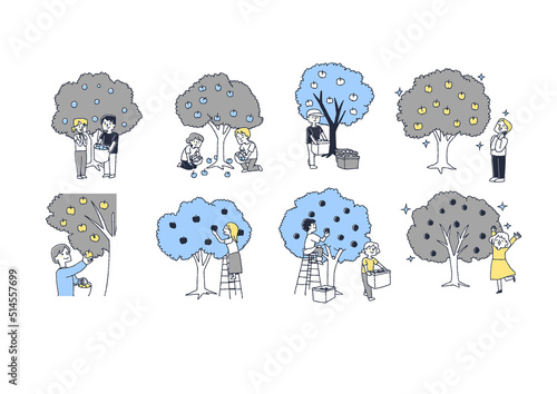 秋になり果実が実り、収穫を喜ぶ人々のセット　コミカルな手書きの素材　ベクター、温かみのある線画