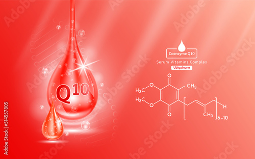 Serum vitamin coenzyme Q10 liquid gel drop and structure. Collagen complex with chemical formula from nature skin care vitamins. Medical scientific concept. On red background 3D realistic vector.