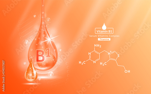 Serum vitamin B1 liquid gel drop and structure. Collagen complex with chemical formula from nature skin care vitamins. Medical scientific concept. On orange background 3D realistic vector EPS10.