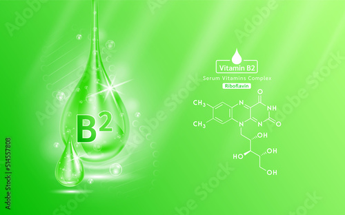 Serum vitamin B2 liquid gel drop and structure. Collagen complex with chemical formula from nature skin care vitamins. Medical scientific concept. On green background 3D realistic vector EPS10.