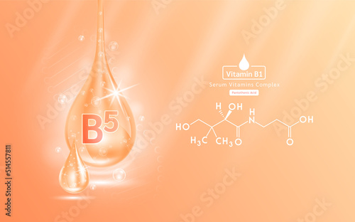 Serum vitamin B5 liquid gel drop and structure. Collagen complex with chemical formula from nature skin care vitamins. Medical scientific concept. On orange background 3D realistic vector EPS10.