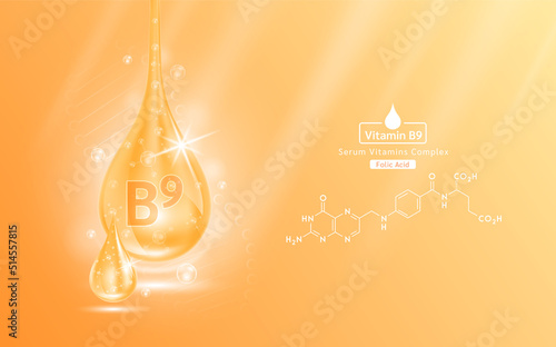 Serum vitamin B9 liquid gel drop and structure. Collagen complex with chemical formula from nature skin care vitamins. Medical scientific concept. On orange background 3D realistic vector EPS10.