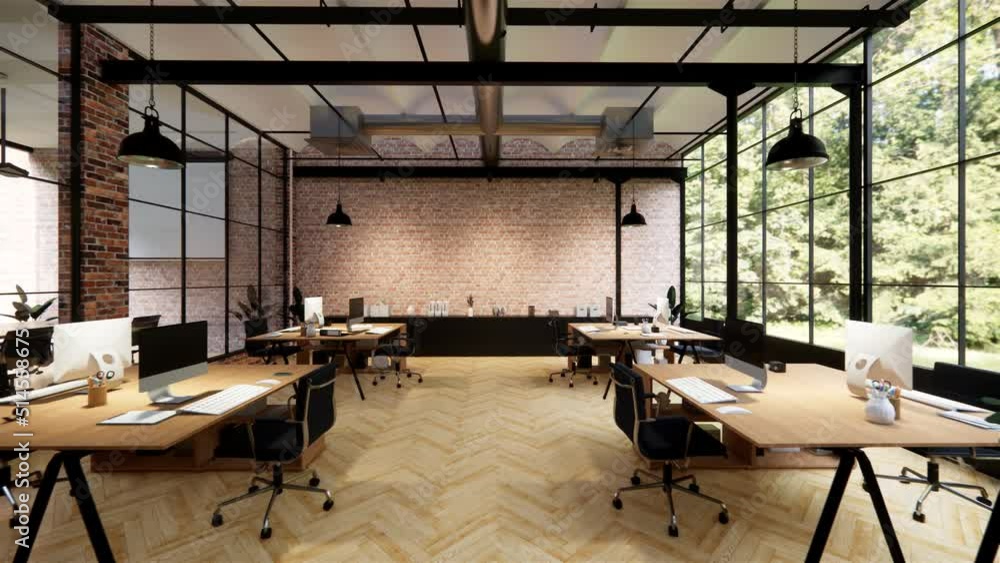 Interior Empty Modern Loft Office open space modern office footage.Modern open concept Lobby and reception area meeting room design. 3dRendering .