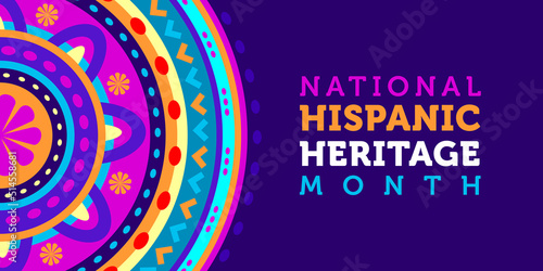 Hispanic heritage month. Vector web banner, poster, card for social media, networks. National greeting with Hispanic heritage month text, Huichol pattern background.