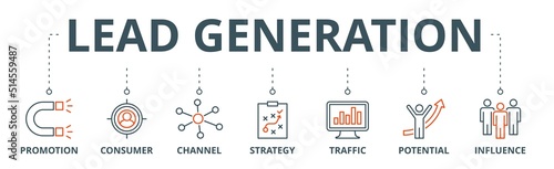Lead generation banner web icon vector illustration concept with icon of promotion, consumer, channel, strategy, traffic, potential and influence