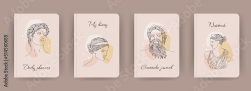 Cover page notebook collection. Templates with ancient greek gods in one line drawing style. Perfect for diary, books, magazines, journals, catalogs, planners and flyers. Vector layouts.