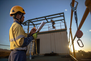 Authorise auditor personal inspecting an inertial reel fall arrest, fall restraint equipment prio used defocus worker at the background 