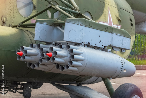 Close-up of blocks for unguided aircraft missiles. Combat helicopter details photo
