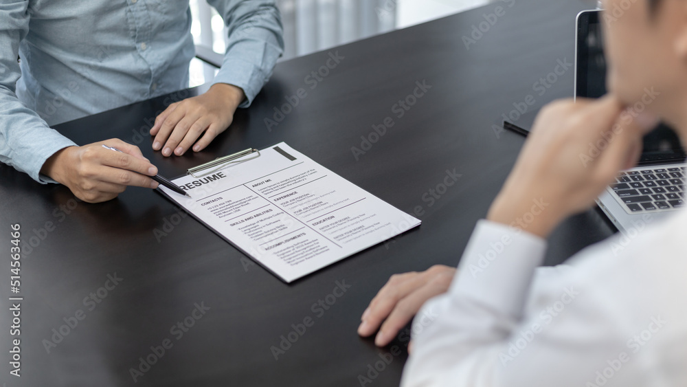 Employer or HR department is reading the resume and interviewing the ability of new employees, job interview with applicants, Using psychology in job interviews, Employment and Recruitment Concept. Employer or HR department is reading the resume and interviewing the ability of new employees, job interview with applicants, Using psychology in job interviews, Employment and Recruitment Concept.