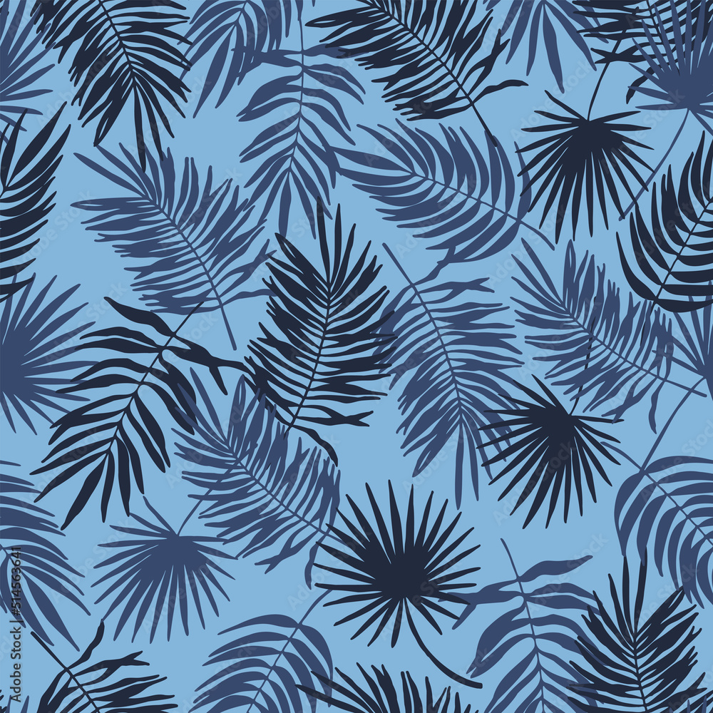 Tropical leaves seamless pattern. Jungle floral vector illustration. Abstract botanical background. Palm trees branches fashion print for fabric, package, paper Tropical leaves seamless pattern. Jungle floral vector illustration. Abstract botanical background. Palm trees branches fashion print for fabric, package, paper
