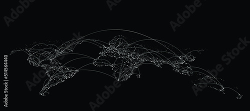 World map and its parts connected together with dots and lines on a black background. Concept of connection and communication technology on earth.