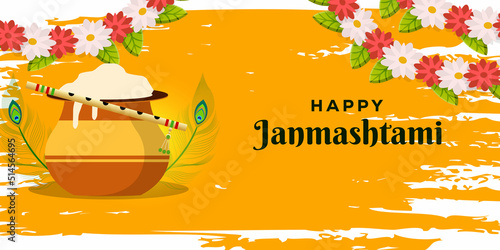 happy janmashtami with matki dahi, peacock feather, flowers, and krishna flute