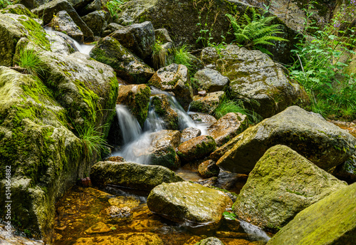 small waterfall on mountain creek over boulders with moss and grass