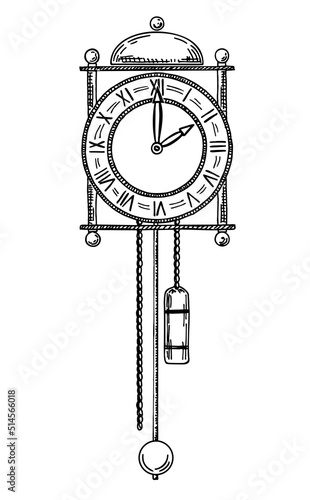 Old wall clock. Vintage wall clock sketch. Hand-drawn single vector illustration isolated on white. Vintage watch. Sketch of old pendulum clock.