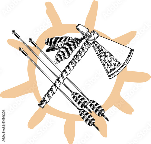 Graphic black and white logo with indian axes and circle ornament. Ethnic element for traditional american design. Tomahawk, arrows, ethnic pattern