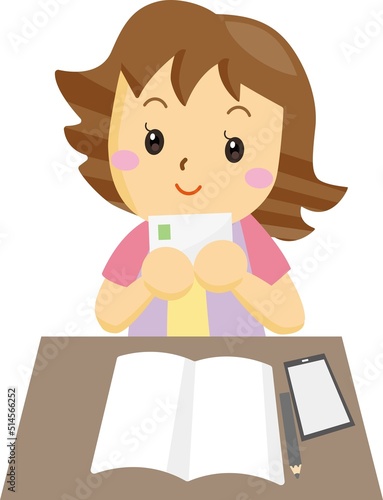 女性　笑顔　手紙　注文　文通　スマートフォン　鉛筆